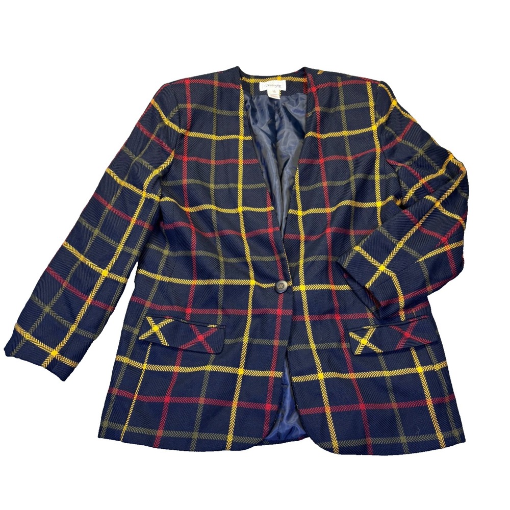 VTG Worthington Plaid Blazer Women's Size 16 Navy Red Yellow Academia Jacket